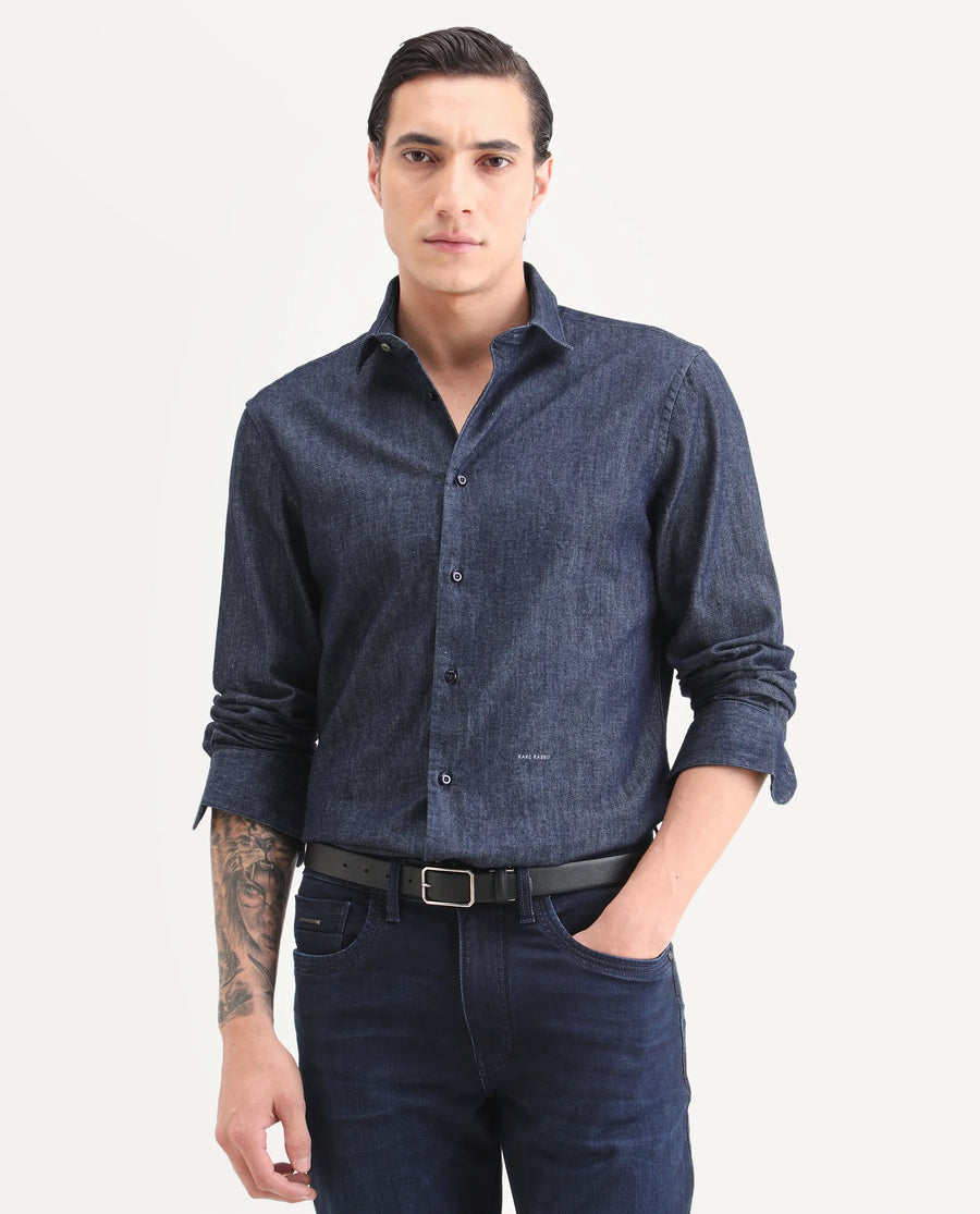 Rare Rabbit Men's Insti Dark Blue Cotton Fabric Full Sleeve Spread Collar Regular Fit Plain Shirt