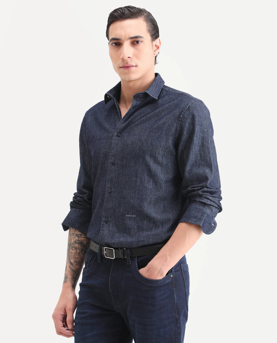 Rare Rabbit Men's Insti Dark Blue Cotton Fabric Full Sleeve Spread Collar Regular Fit Plain Shirt