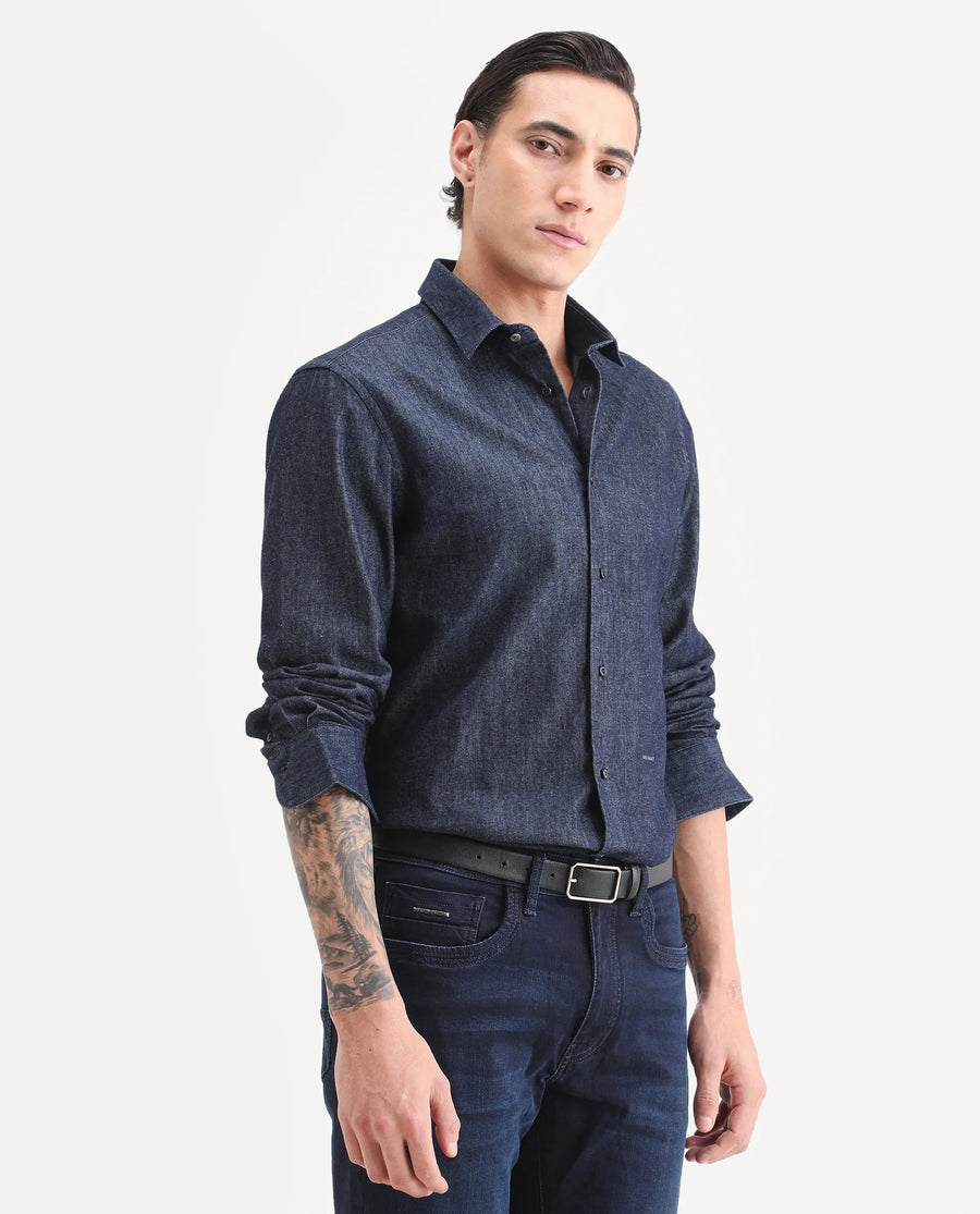 Rare Rabbit Men's Insti Dark Blue Cotton Fabric Full Sleeve Spread Collar Regular Fit Plain Shirt