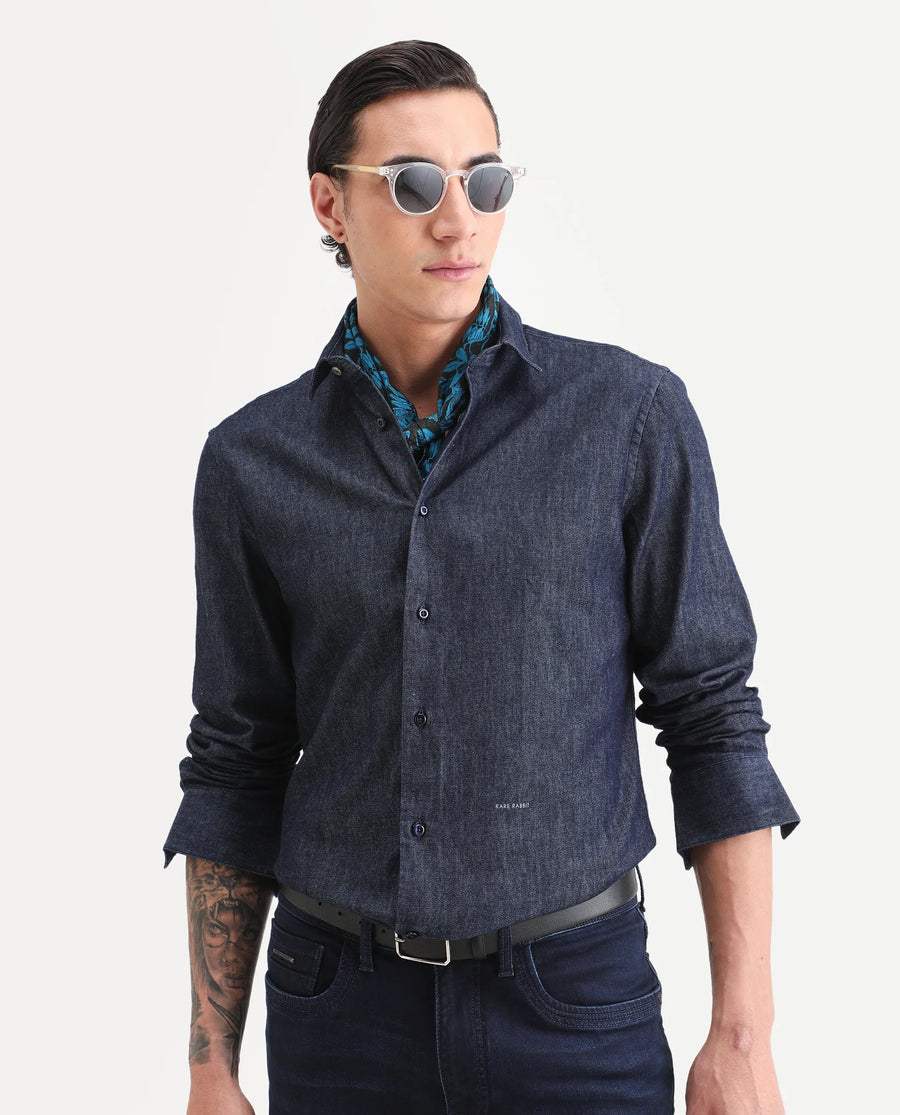 Rare Rabbit Men's Insti Dark Blue Cotton Fabric Full Sleeve Spread Collar Regular Fit Plain Shirt