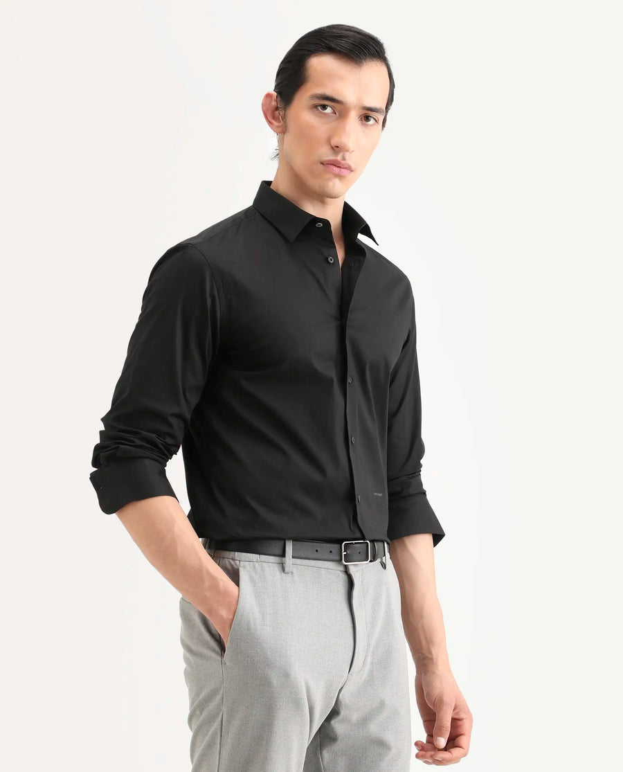 Rare Rabbit Men's Jewto Black Cotton Blend Fabric Full Sleeve Spread Collar Regular Fit Plain Shirt