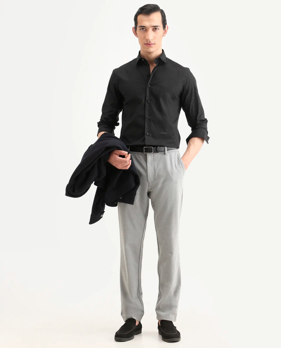 Rare Rabbit Men's Jewto Black Cotton Blend Fabric Full Sleeve Spread Collar Regular Fit Plain Shirt
