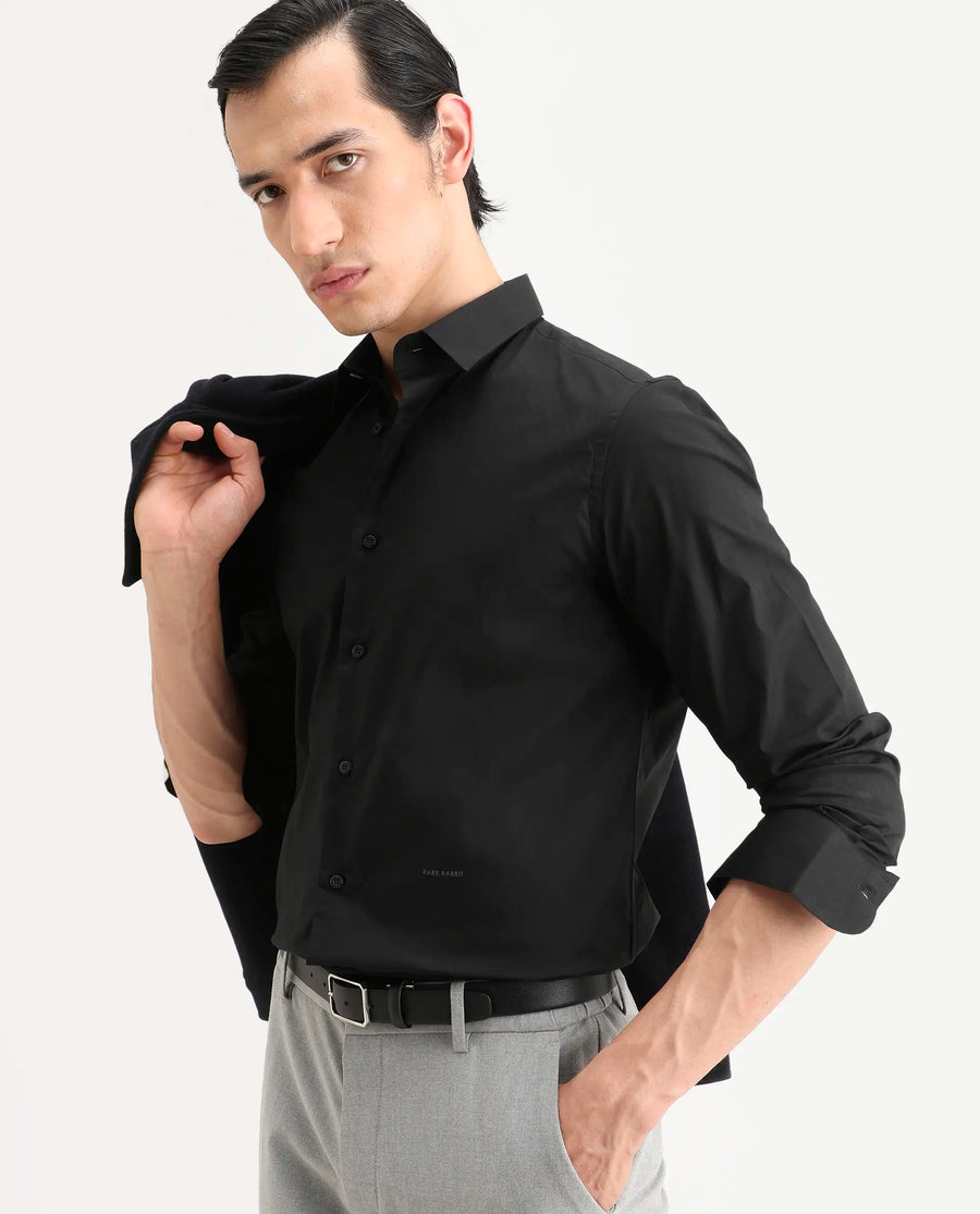 Rare Rabbit Men's Jewto Black Cotton Blend Fabric Full Sleeve Spread Collar Regular Fit Plain Shirt