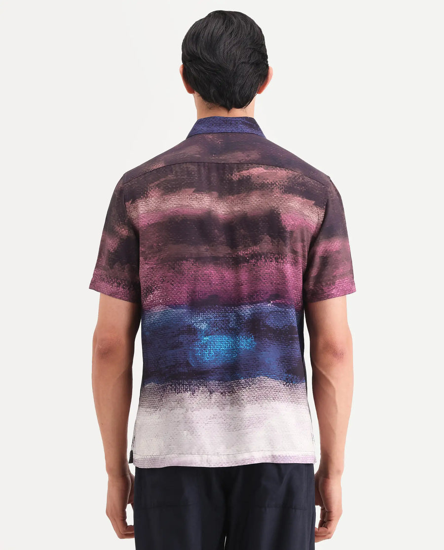 Rare Rabbit Men's Rombren Black Viscose Fabric Half Sleeve Spread Collar Regular Fit Ombre Shirt