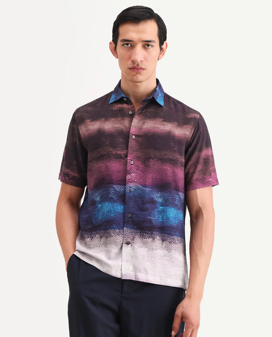Rare Rabbit Men's Rombren Black Viscose Fabric Half Sleeve Spread Collar Regular Fit Ombre Shirt