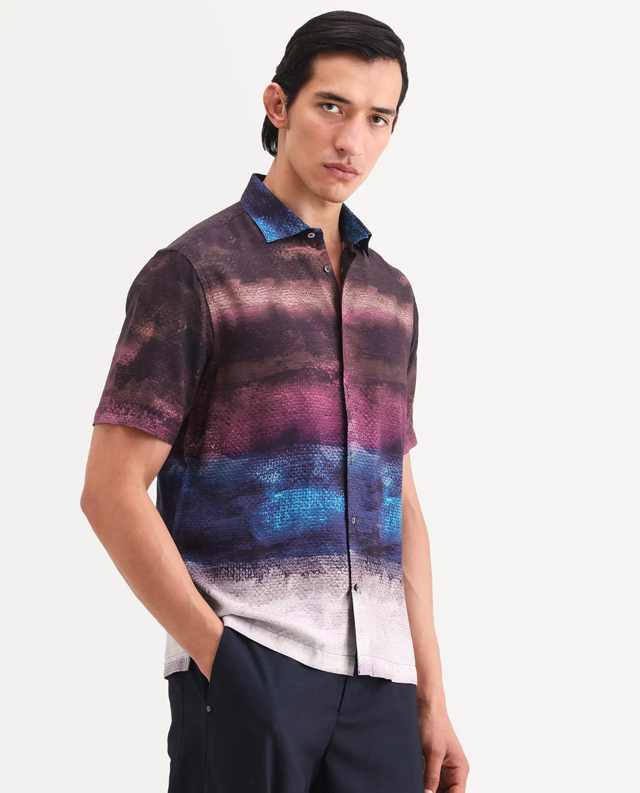 Rare Rabbit Men's Rombren Black Viscose Fabric Half Sleeve Spread Collar Regular Fit Ombre Shirt