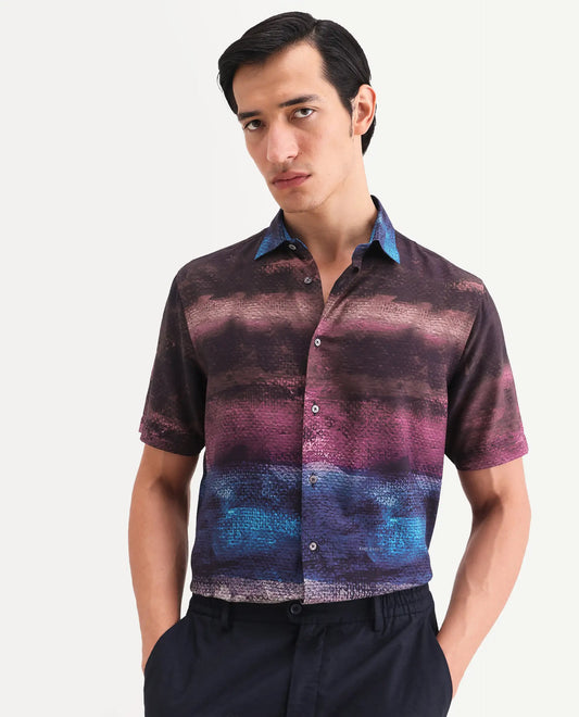 Rare Rabbit Men's Rombren Black Viscose Fabric Half Sleeve Spread Collar Regular Fit Ombre Shirt