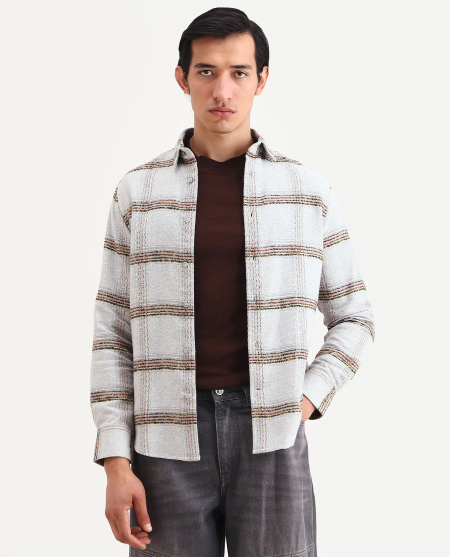 Rare Rabbit Men's Balo Light Grey Cotton Blend Fabric Full Sleeve Spread Collar Regular Fit Checked Shirt