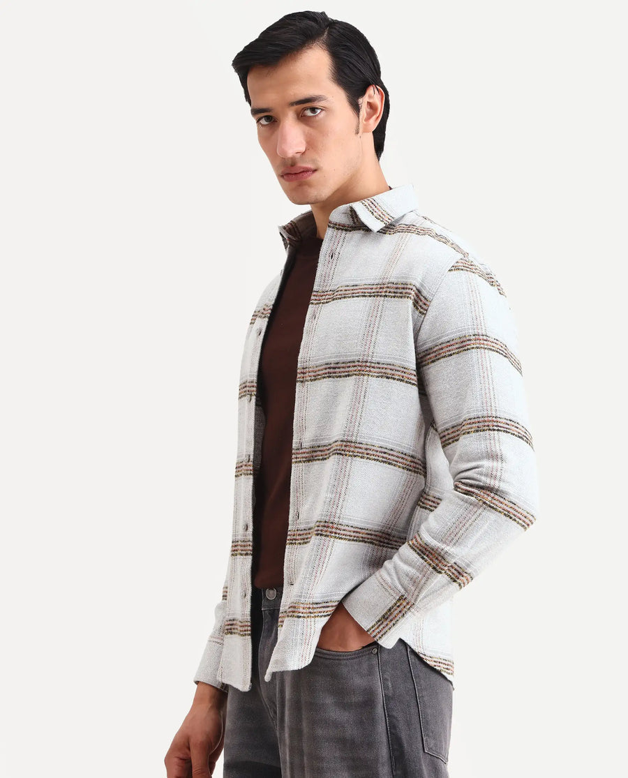 Rare Rabbit Men's Balo Light Grey Cotton Blend Fabric Full Sleeve Spread Collar Regular Fit Checked Shirt