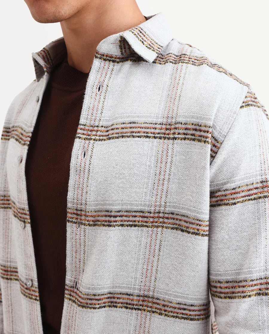 Rare Rabbit Men's Balo Light Grey Cotton Blend Fabric Full Sleeve Spread Collar Regular Fit Checked Shirt