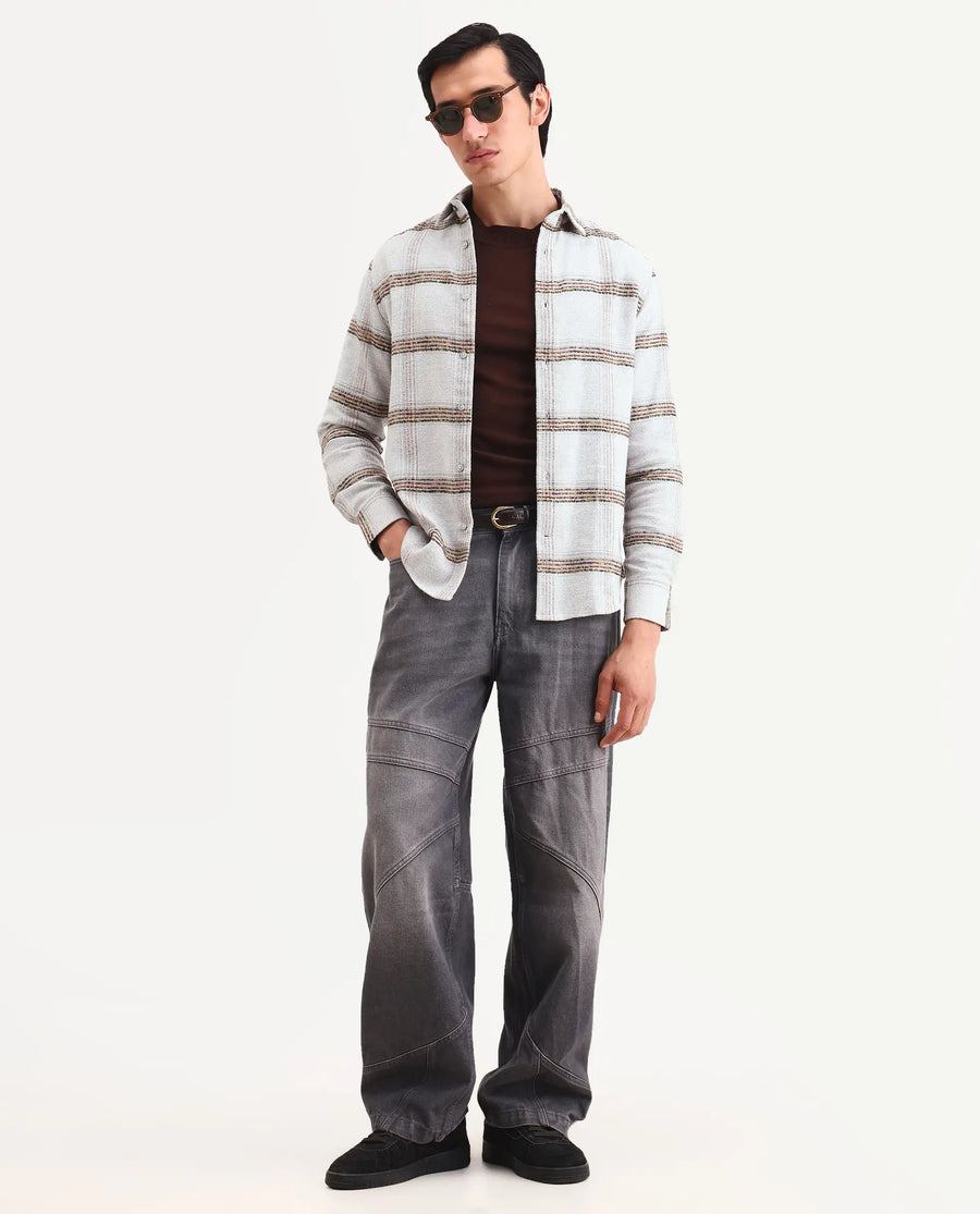 Rare Rabbit Men's Balo Light Grey Cotton Blend Fabric Full Sleeve Spread Collar Regular Fit Checked Shirt
