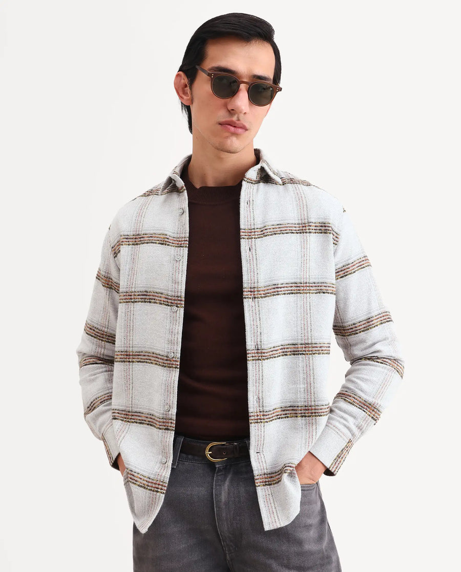 Rare Rabbit Men's Balo Light Grey Cotton Blend Fabric Full Sleeve Spread Collar Regular Fit Checked Shirt