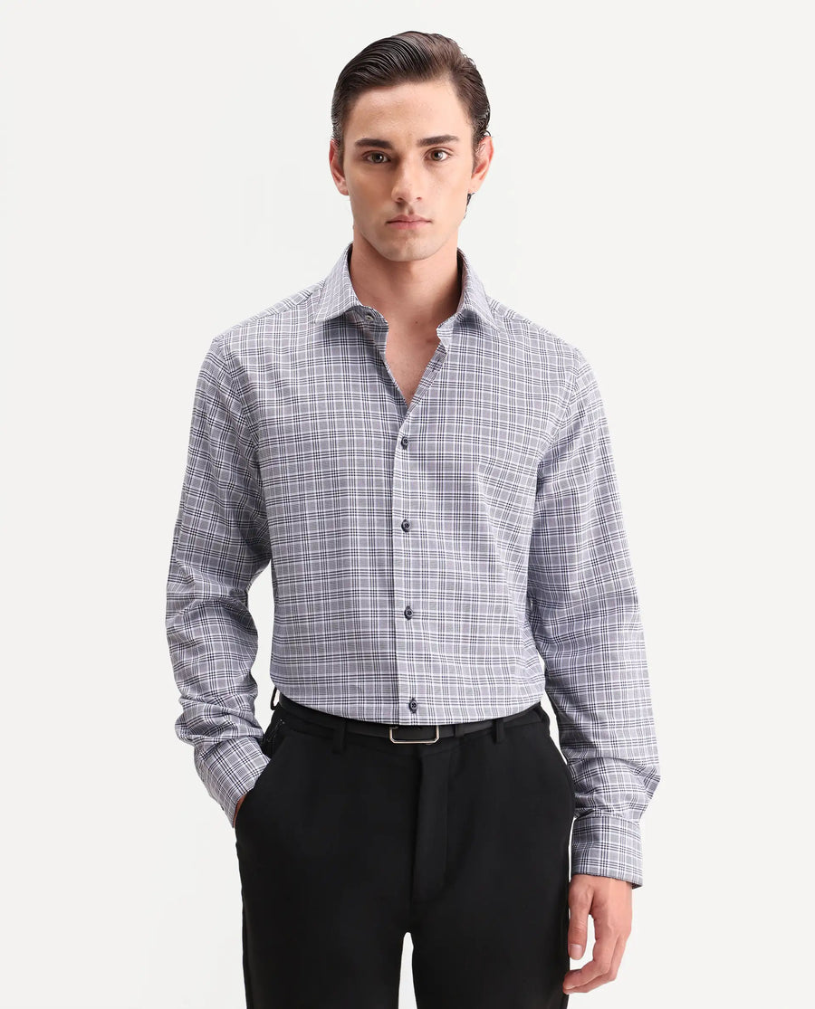 Rare Rabbit Men's Adel Navy Cotton Fabric Full Sleeve Spread Collar Button Regular Checked Shirt