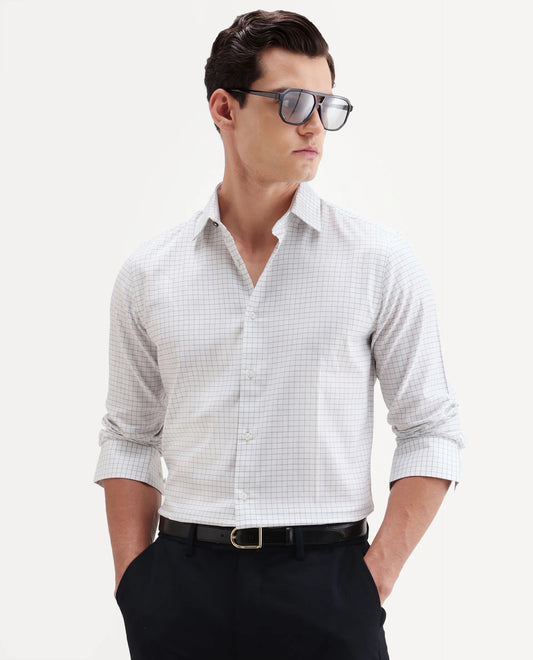 Rare Rabbit Men's Alic Light Navy Cotton Fabric Full Sleeve Spread Collar Regular Fit Checked Shirt