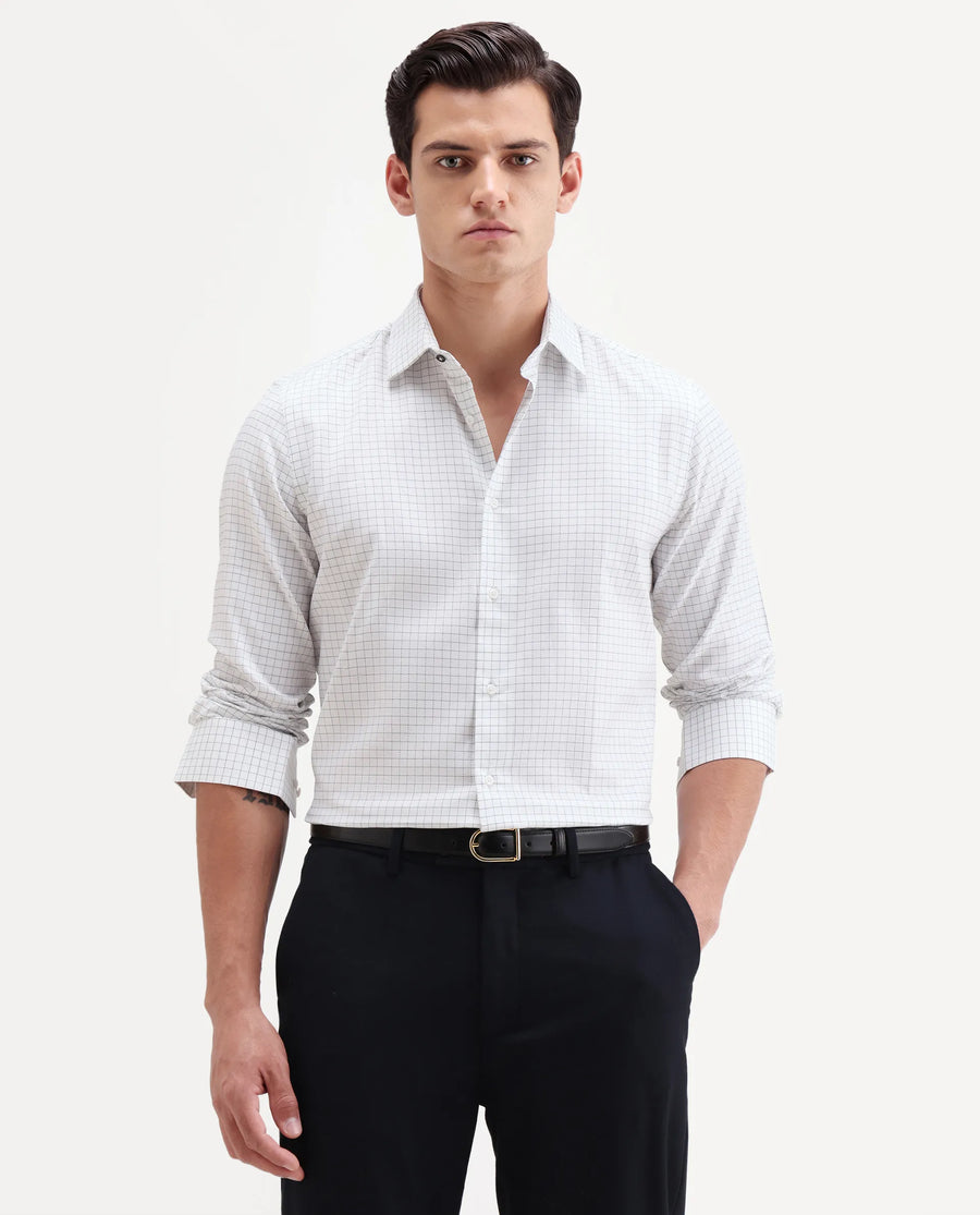 Rare Rabbit Men's Alic Light Navy Cotton Fabric Full Sleeve Spread Collar Regular Fit Checked Shirt