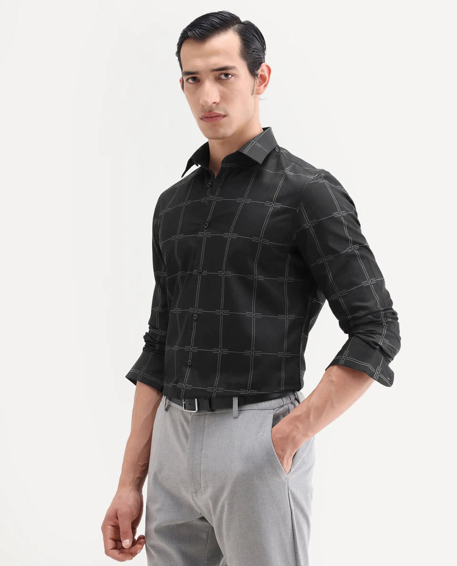 Rare Rabbit Men's Alte Black Cotton Fabric Full Sleeve Spread Collar Button Regular Checked Shirt