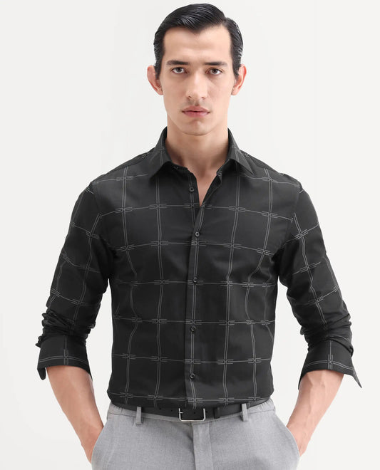 Rare Rabbit Men's Alte Black Cotton Fabric Full Sleeve Spread Collar Button Regular Checked Shirt