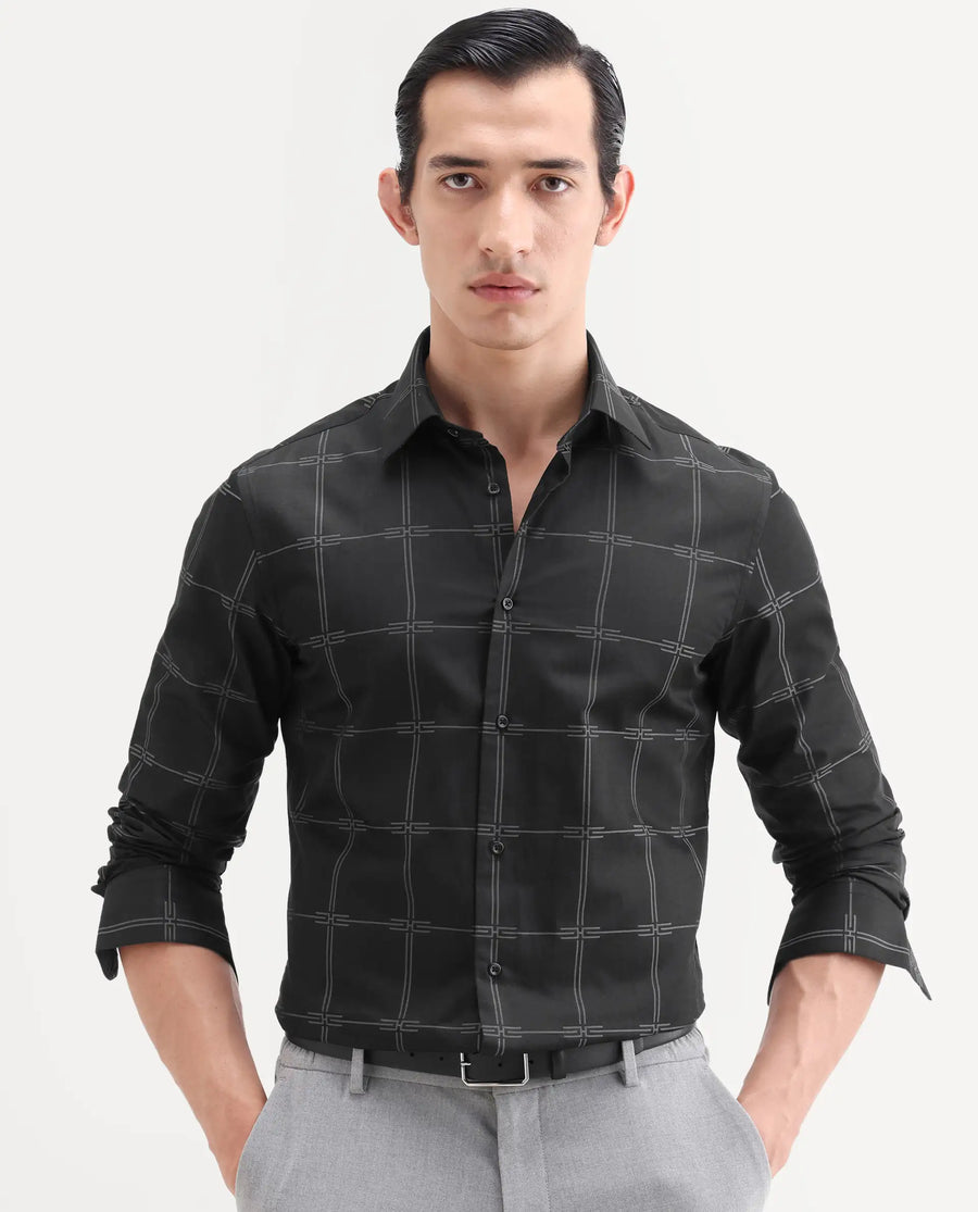 Rare Rabbit Men's Alte Black Cotton Fabric Full Sleeve Spread Collar Button Regular Checked Shirt