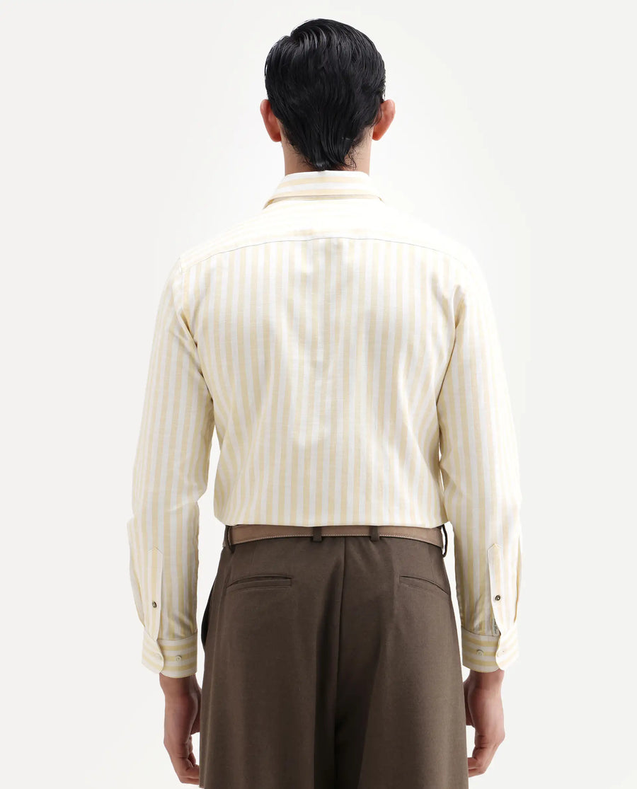 Rare Rabbit Men's Bario Yellow Linen Blend Fabric Full Sleeve Spread Collar Regular Striped Shirt