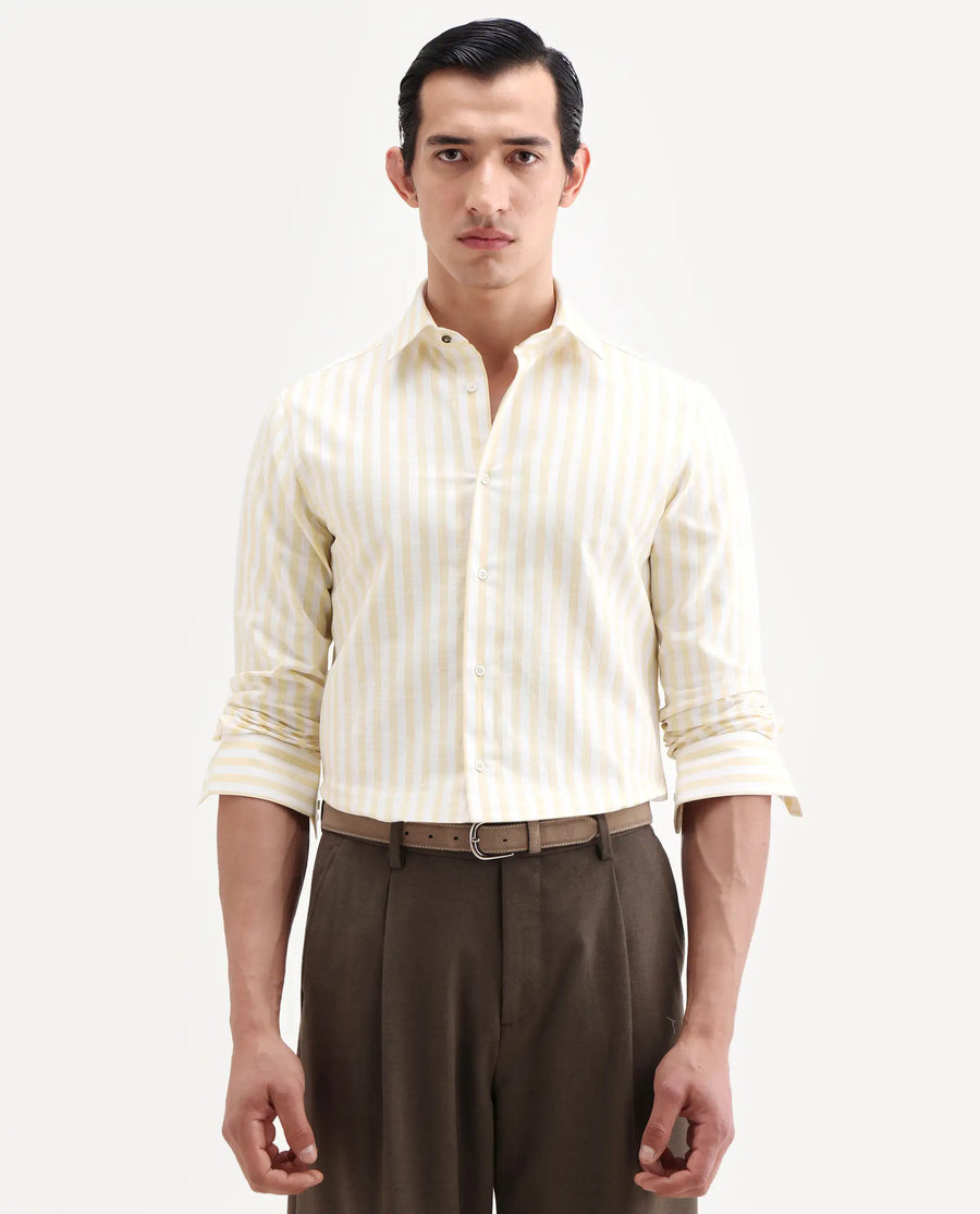 Rare Rabbit Men's Bario Yellow Linen Blend Fabric Full Sleeve Spread Collar Regular Striped Shirt
