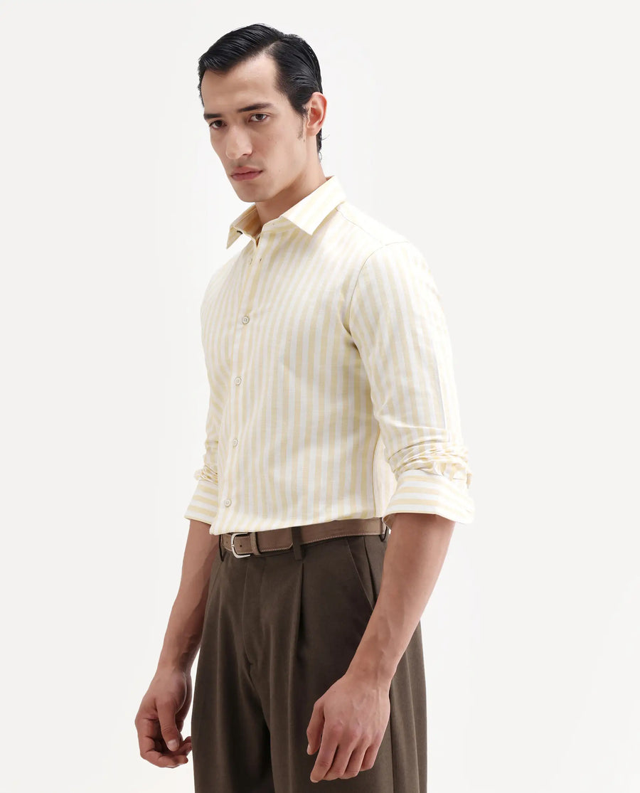Rare Rabbit Men's Bario Yellow Linen Blend Fabric Full Sleeve Spread Collar Regular Striped Shirt