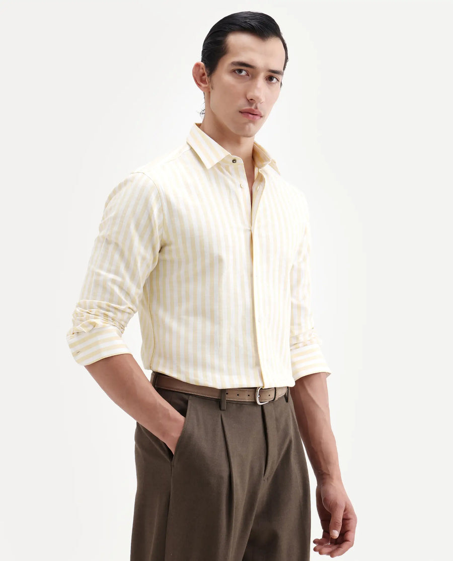 Rare Rabbit Men's Bario Yellow Linen Blend Fabric Full Sleeve Spread Collar Regular Striped Shirt