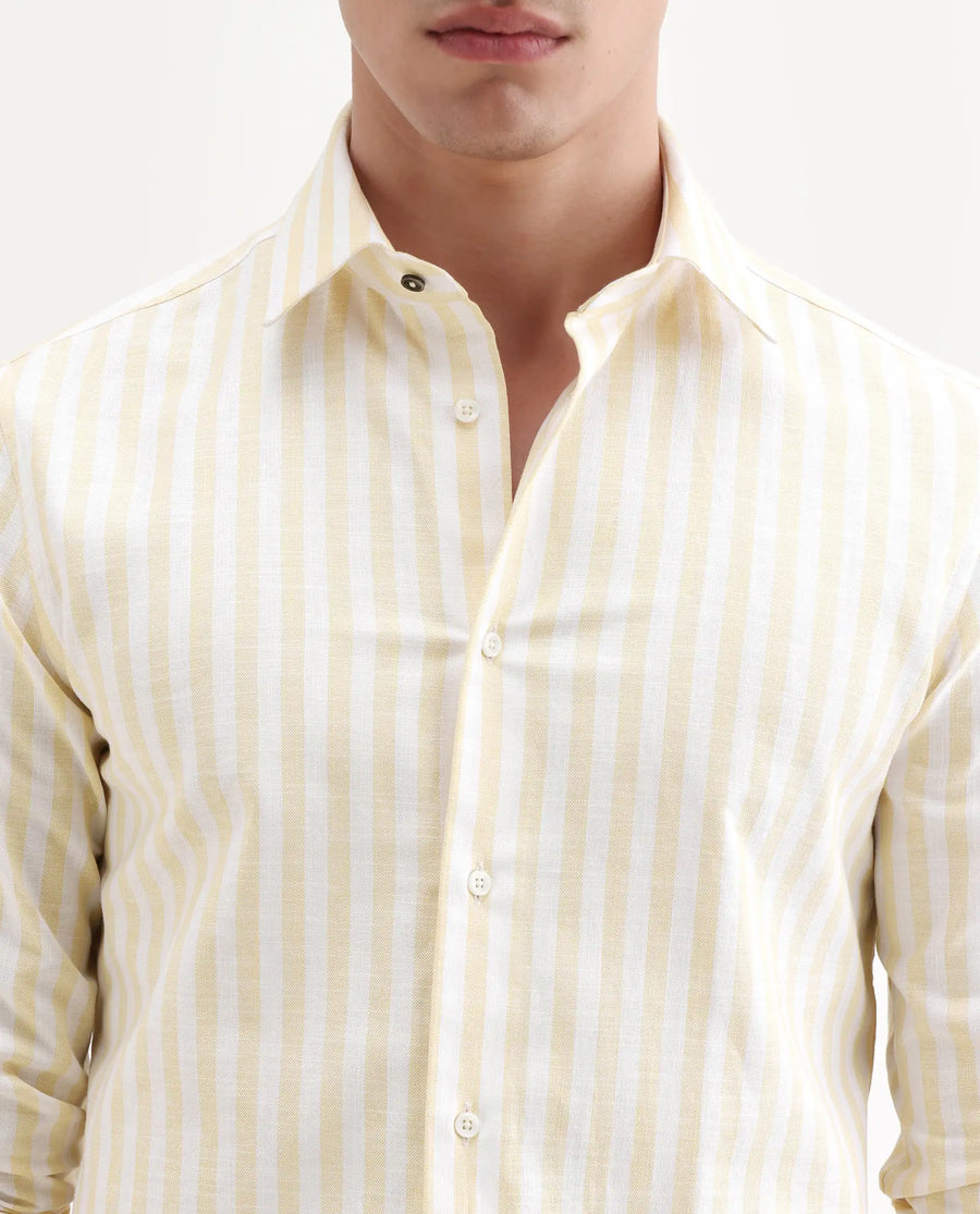 Rare Rabbit Men's Bario Yellow Linen Blend Fabric Full Sleeve Spread Collar Regular Striped Shirt