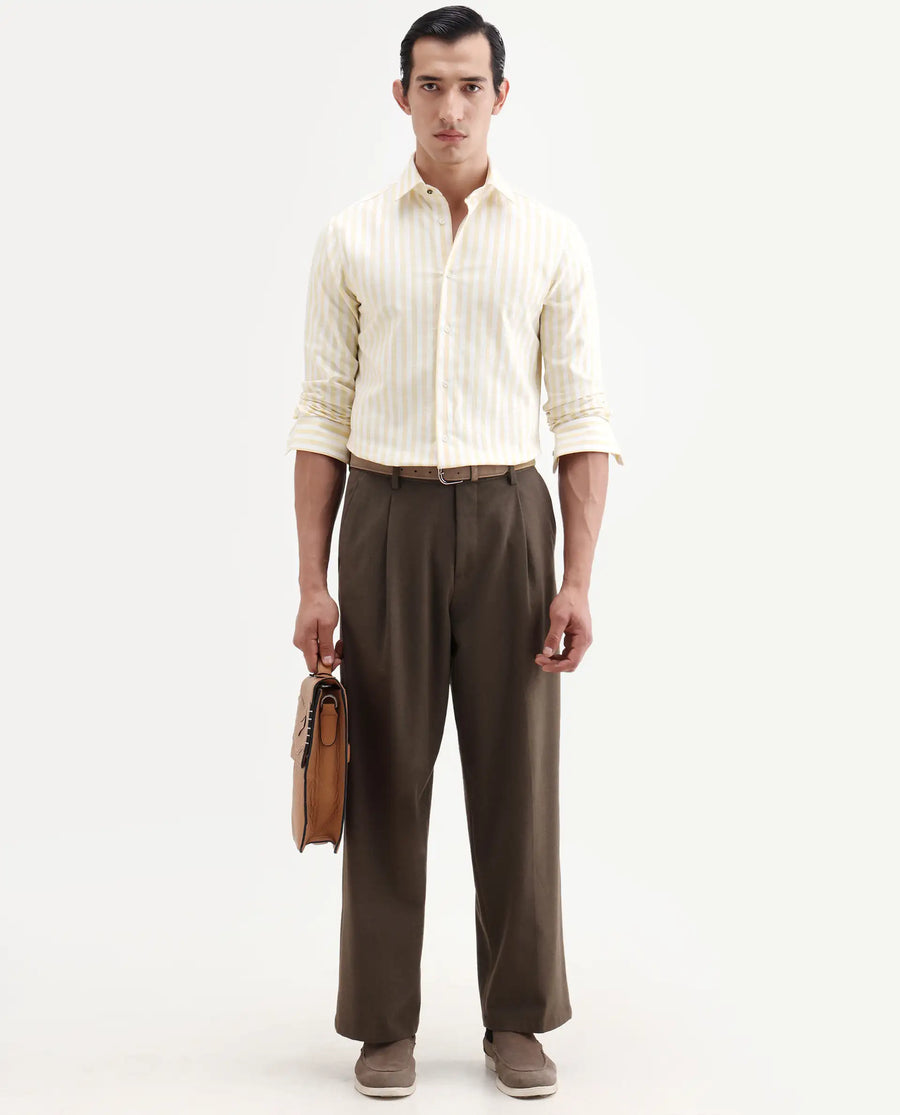 Rare Rabbit Men's Bario Yellow Linen Blend Fabric Full Sleeve Spread Collar Regular Striped Shirt
