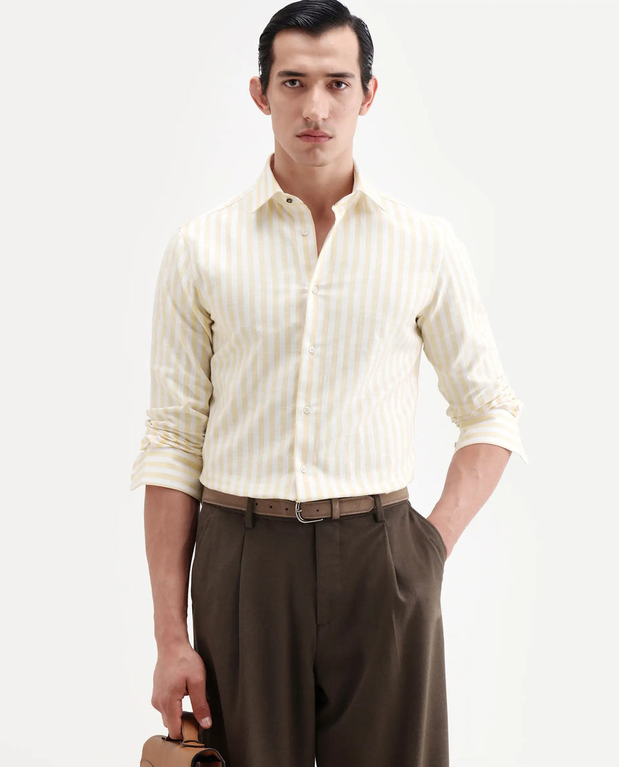 Rare Rabbit Men's Bario Yellow Linen Blend Fabric Full Sleeve Spread Collar Regular Striped Shirt