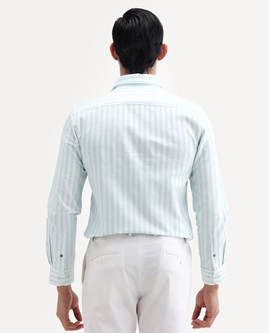 Rare Rabbit Men's Bario Green Linen Blend Fabric Full Sleeve Spread Collar Regular Striped Shirt