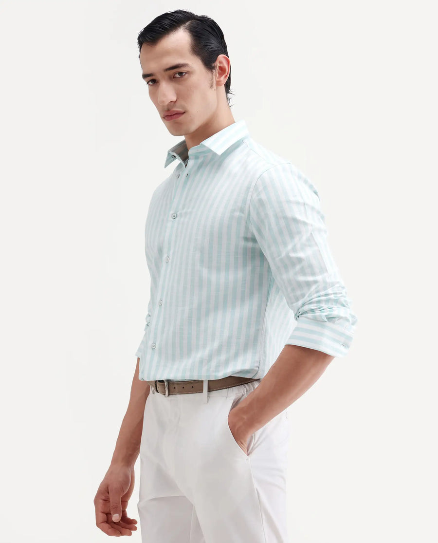 Rare Rabbit Men's Bario Green Linen Blend Fabric Full Sleeve Spread Collar Regular Striped Shirt