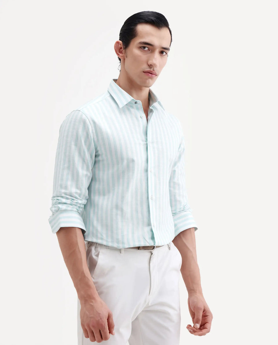 Rare Rabbit Men's Bario Green Linen Blend Fabric Full Sleeve Spread Collar Regular Striped Shirt