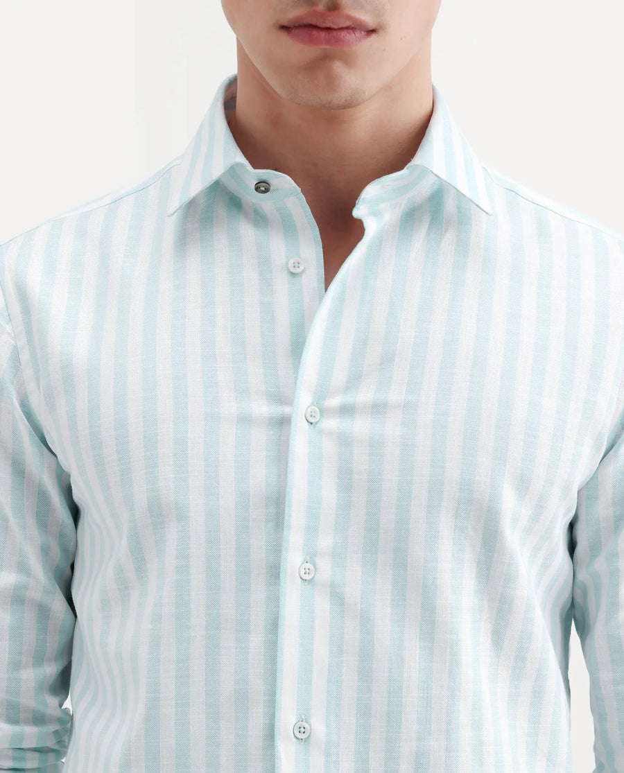 Rare Rabbit Men's Bario Green Linen Blend Fabric Full Sleeve Spread Collar Regular Striped Shirt
