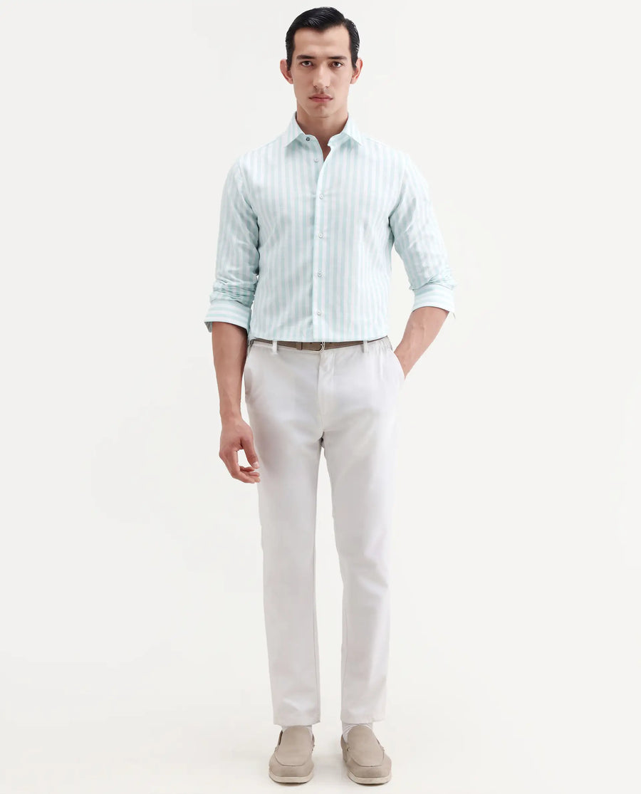 Rare Rabbit Men's Bario Green Linen Blend Fabric Full Sleeve Spread Collar Regular Striped Shirt