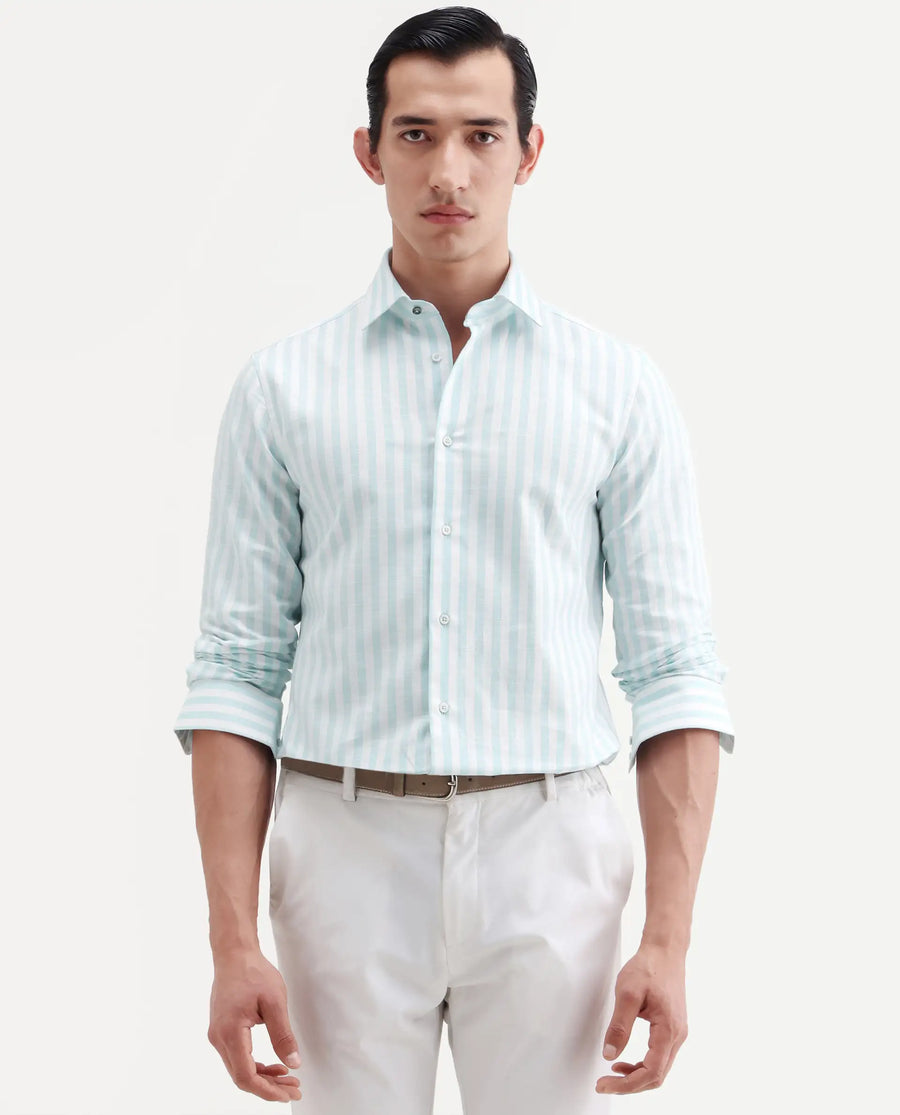 Rare Rabbit Men's Bario Green Linen Blend Fabric Full Sleeve Spread Collar Regular Striped Shirt