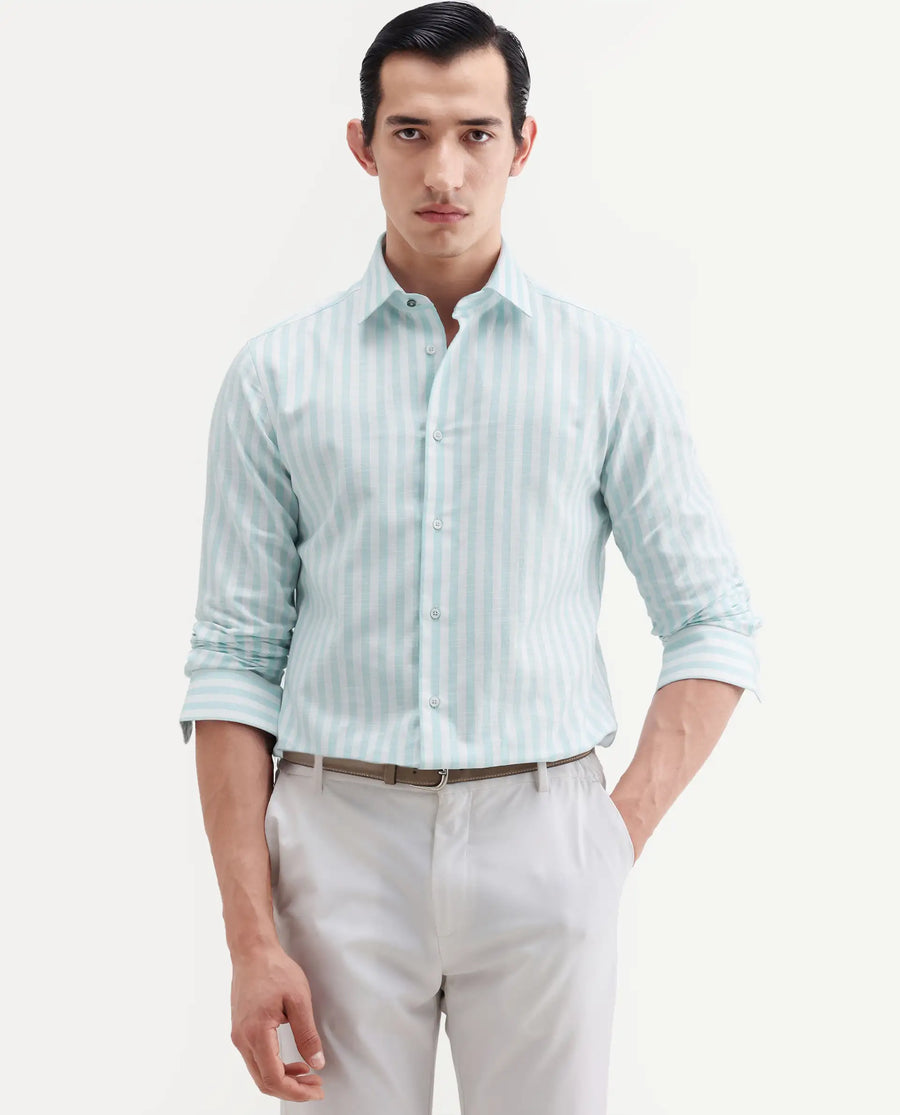 Rare Rabbit Men's Bario Green Linen Blend Fabric Full Sleeve Spread Collar Regular Striped Shirt