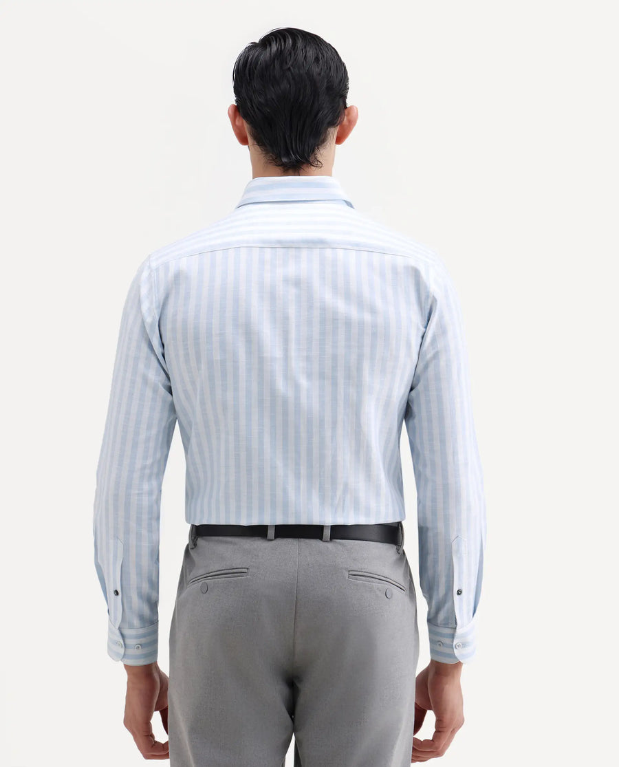 Rare Rabbit Men's Bario Blue Linen Blend Fabric Full Sleeve Spread Collar Regular Striped Shirt