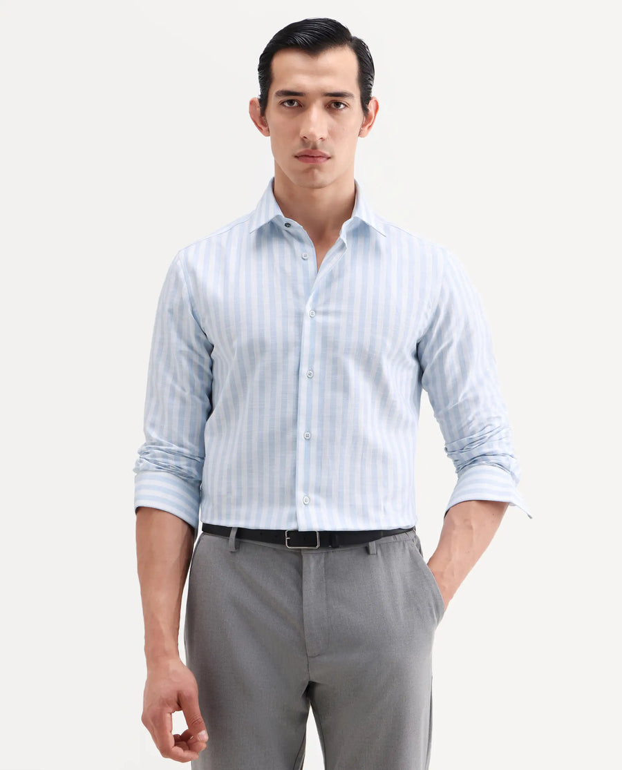 Rare Rabbit Men's Bario Blue Linen Blend Fabric Full Sleeve Spread Collar Regular Striped Shirt