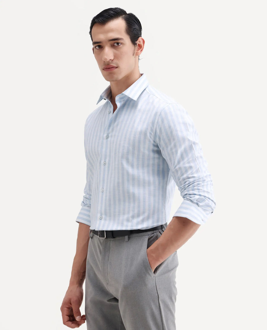 Rare Rabbit Men's Bario Blue Linen Blend Fabric Full Sleeve Spread Collar Regular Striped Shirt