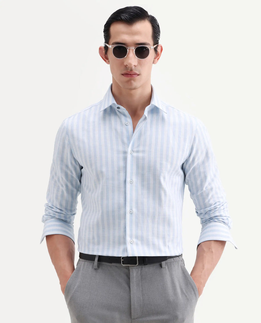 Rare Rabbit Men's Bario Blue Linen Blend Fabric Full Sleeve Spread Collar Regular Striped Shirt