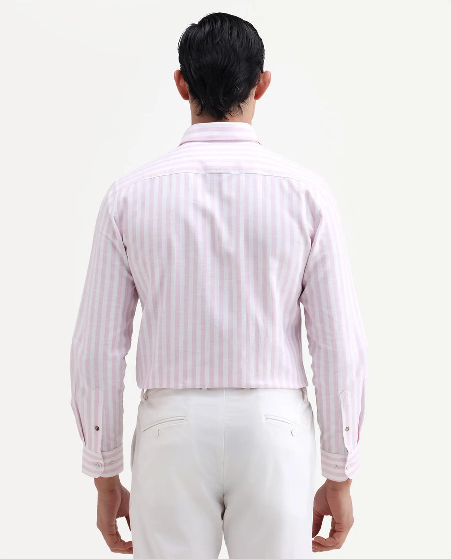 Rare Rabbit Men's Bario Pink Linen Blend Fabric Full Sleeve Spread Collar Regular Striped Shirt