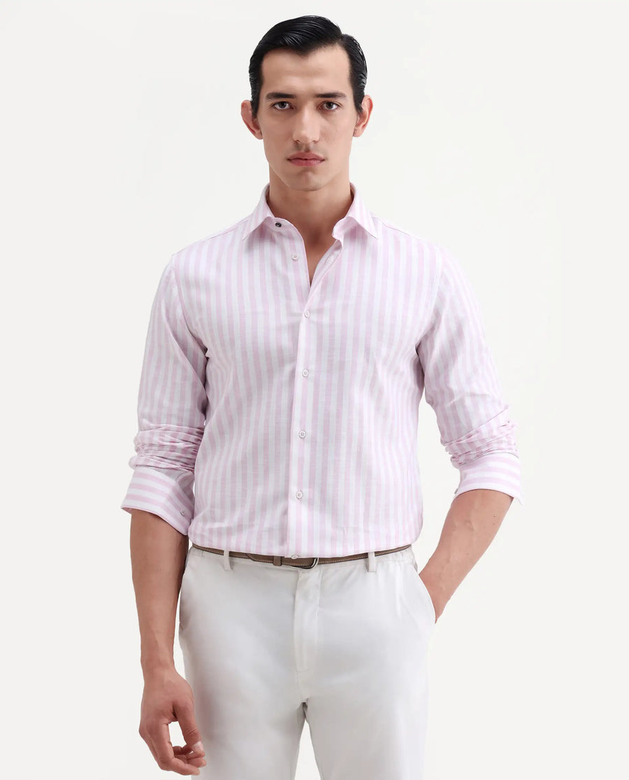 Rare Rabbit Men's Bario Pink Linen Blend Fabric Full Sleeve Spread Collar Regular Striped Shirt