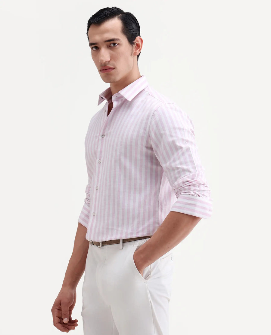 Rare Rabbit Men's Bario Pink Linen Blend Fabric Full Sleeve Spread Collar Regular Striped Shirt