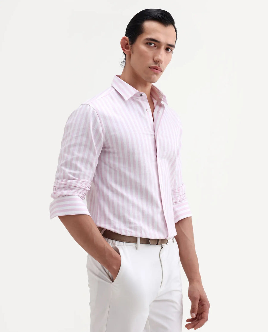 Rare Rabbit Men's Bario Pink Linen Blend Fabric Full Sleeve Spread Collar Regular Striped Shirt