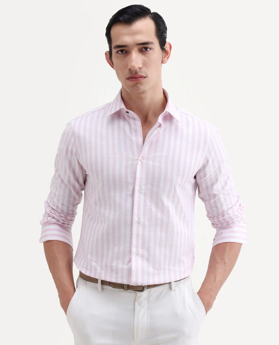 Rare Rabbit Men's Bario Pink Linen Blend Fabric Full Sleeve Spread Collar Regular Striped Shirt