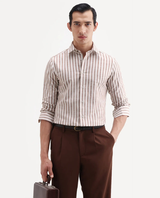 Rare Rabbit Men's Bario Brown Linen Blend Fabric Full Sleeve Spread Collar Regular Striped Shirt
