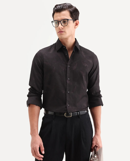 Rare Rabbit Men's Blen Maroon Cotton Fabric Full Sleeve Spread Collar Button Regular Fit Jacquard Shirt