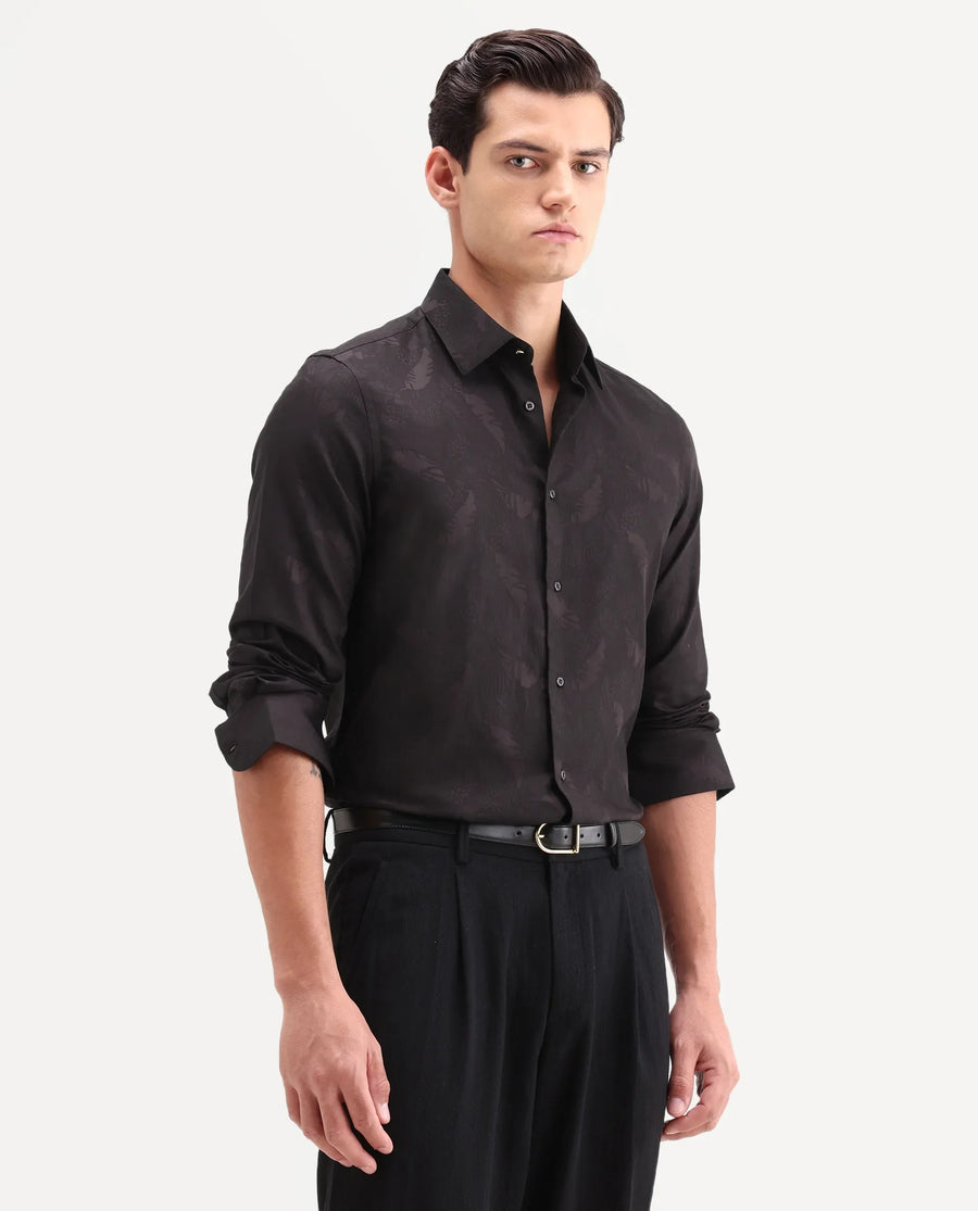 Rare Rabbit Men's Blen Maroon Cotton Fabric Full Sleeve Spread Collar Button Regular Fit Jacquard Shirt