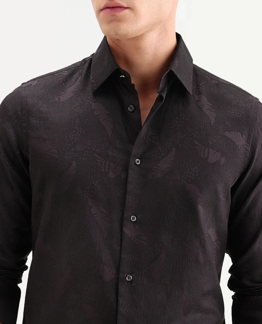 Rare Rabbit Men's Blen Maroon Cotton Fabric Full Sleeve Spread Collar Button Regular Fit Jacquard Shirt