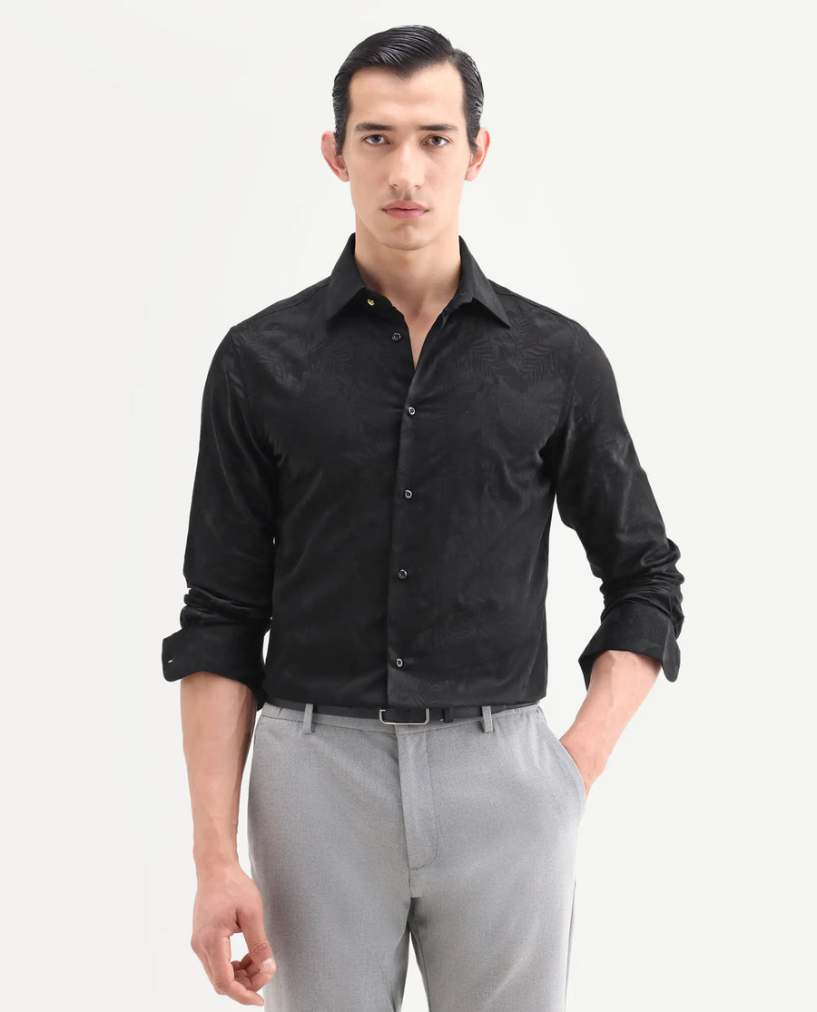 Rare Rabbit Men's Blen Black Cotton Fabric Full Sleeve Spread Collar Button Regular Jacquard Shirt